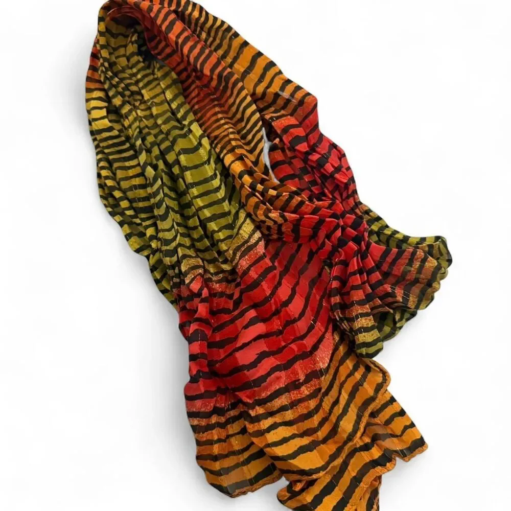 Y2K Vibrant Sunset Striped Plissé Scarf – Bohemian Pleated Wrap